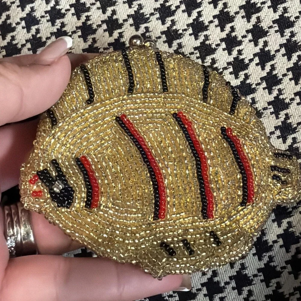 VTG Made in Korea Yellow Red Gold Fish Beaded Coin Purse Holder Figural